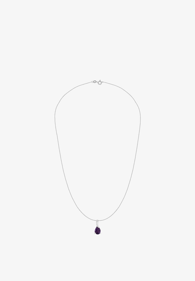 Strieborný náhrdelník s príveskom v tvare slzy s fialovým drahokamom. Ľahký dizajn s jednoduchým zapínaním.