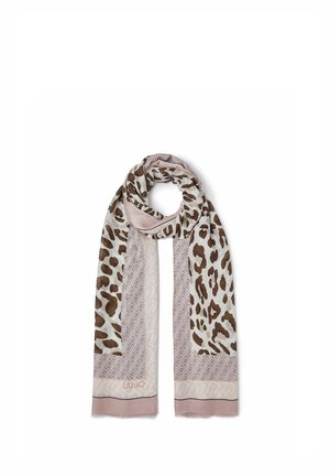 Sciarpa rosa chiaro e bianca con macchie marroni leopardate e motivi geometrici, bordi sfrangiati e logo "LIU JO" a un'estremità.