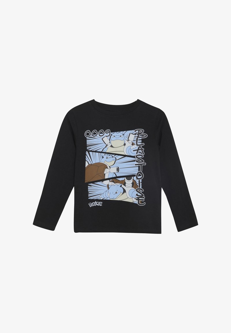 Schwarzes Langarmshirt mit einem grafischen Druck von Bisaflor und anderen Pokémon in Hellblau und Beige vor einem Comic-Hintergrund.