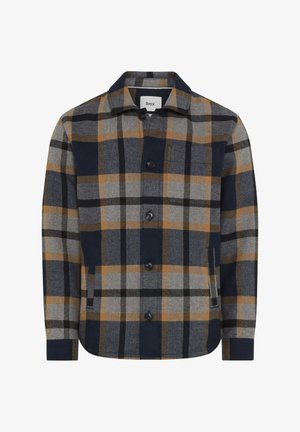 Kariertes Hemd in Marine-, Grau- und Orangetönen; mit Knopfleiste vorne, spitzem Kragen und Brusttasche; aus strukturiertem Stoff gefertigt.