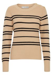 Pull en beige à rayures avec des lignes horizontales noires. Texture côtelée, col rond et boutons décoratifs dorés sur l'épaule gauche.
