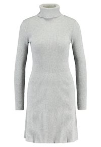 Gray ribbed turtleneck dress with long sleeves, fitted bodice, and flared hem. Made from soft, stretchy fabric with a textured surface.
