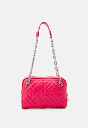 Quilted pink handbag with a rectangular shape, featuring a silver chain strap, a smooth texture, and zippered compartment.