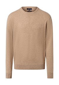 Beiger Rundhalsausschnitt-Pullover mit langen Ärmeln, gerippten Bündchen und Saum, aus weichem Stoff mit einer subtilen Textur, ohne sichtbare Muster oder Logos.