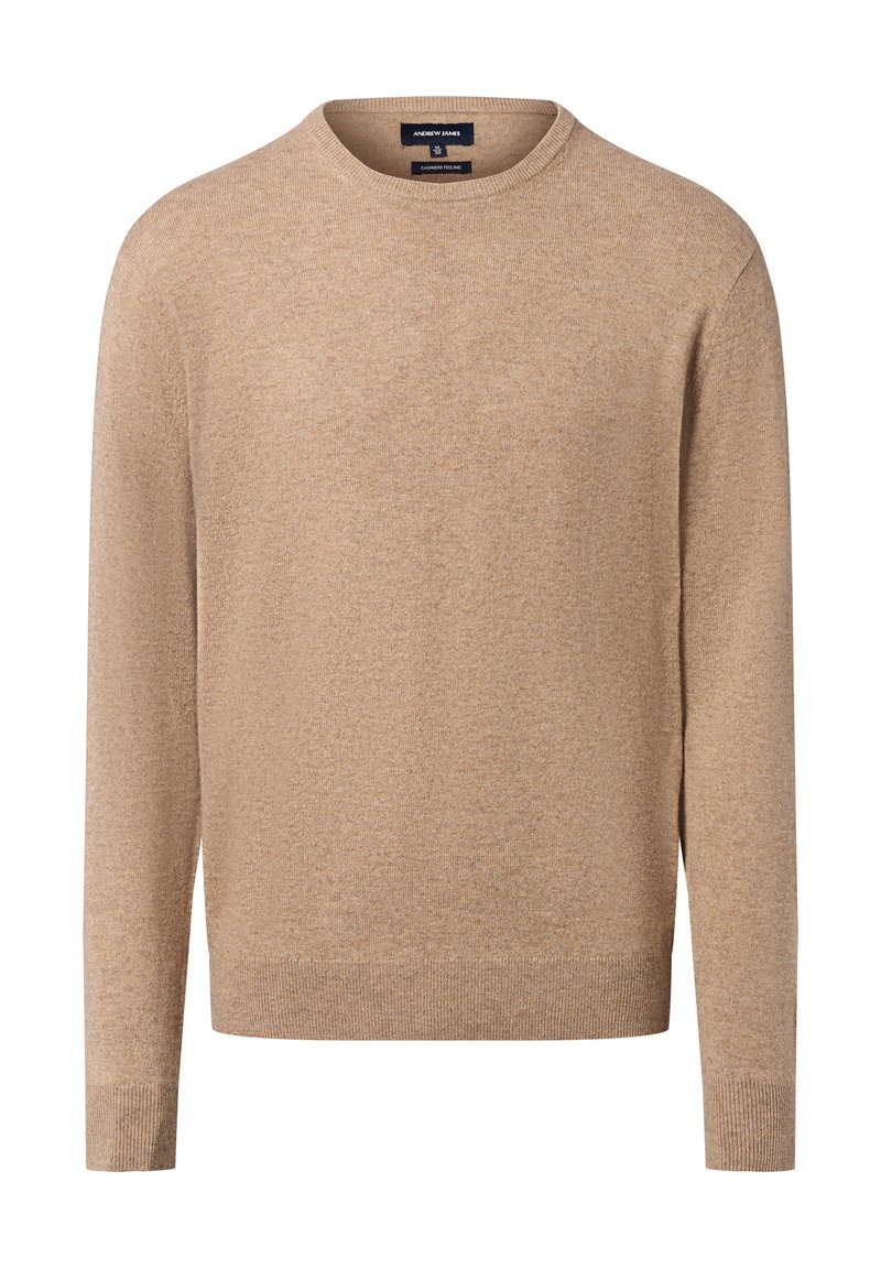 Beiger Rundhalsausschnitt-Pullover mit langen Ärmeln, gerippten Bündchen und Saum, aus weichem Stoff mit einer subtilen Textur, ohne sichtbare Muster oder Logos.