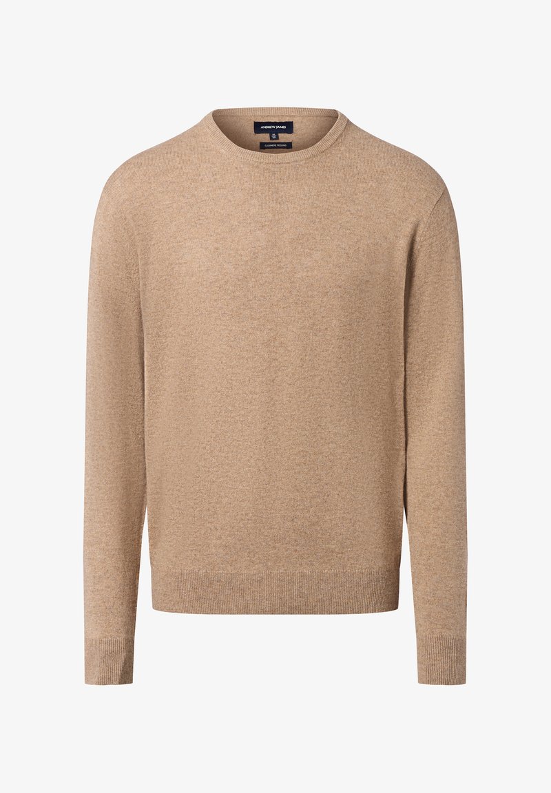 Beiger Rundhalsausschnitt-Pullover mit langen Ärmeln, gerippten Bündchen und Saum, aus weichem Stoff mit einer subtilen Textur, ohne sichtbare Muster oder Logos.