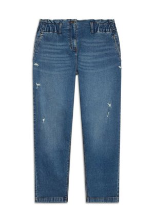 Blue denim jeans with a relaxed fit, featuring a gathered elastic waistband, distressed detailing, and straight legs.