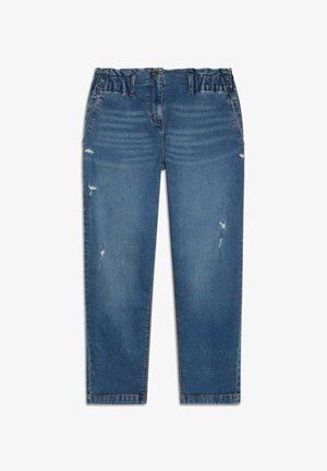 Blaue Denim-Jeans mit lockerer Passform, ausgestattet mit einem gerafften, elastischen Bund, verwaschenen Details und geraden Beinen.