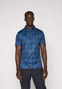 Navy blue polo shirt with a subtle pattern of letters in varying shades. Features a buttoned collar and a yellow logo on the chest.