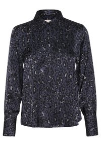 Leopardprint-blouse in donkerblauw met knoopsluiting, lange mouwen, kraag en een gladde, glanzende textuur.