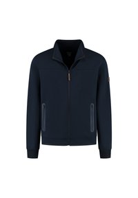 Heren marineblauwe zip-up jack met hoge kraag, twee voorzakken met rits en lange mouwen.