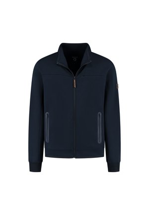 Men's navy blue zip-up jacket with high collar, two front zip pockets, and long sleeves.