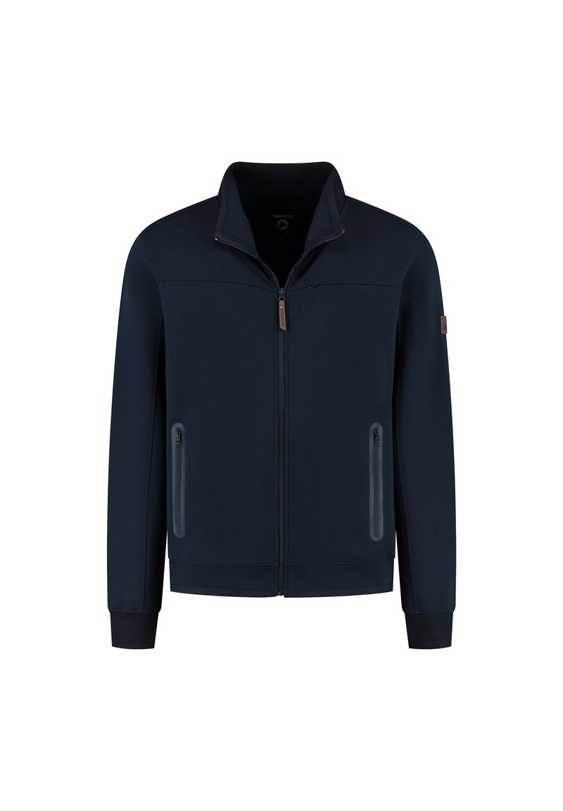 Heren marineblauwe zip-up jack met hoge kraag, twee voorzakken met rits en lange mouwen.