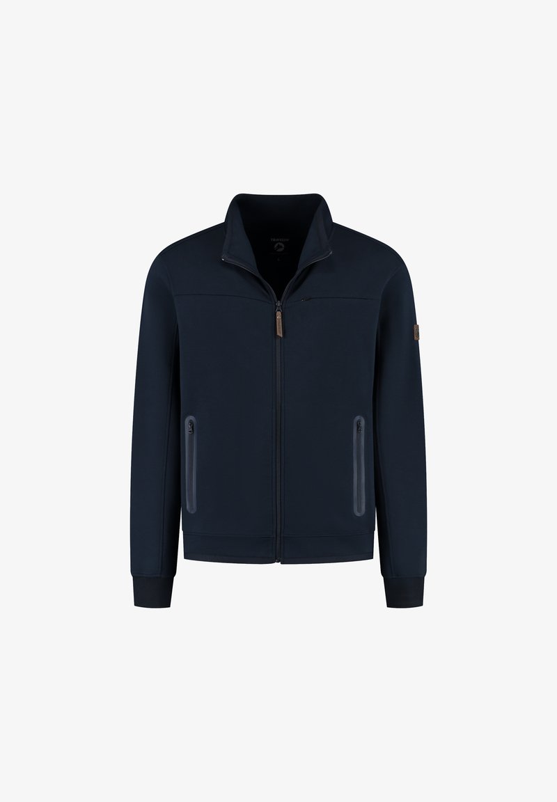 Heren marineblauwe zip-up jack met hoge kraag, twee voorzakken met rits en lange mouwen.