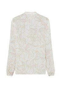 Blusa a maniche lunghe con base bianca, caratterizzata da un delicato motivo floreale rosa pallido e una sottile texture. La vista posteriore presenta una chiusura con bottone.