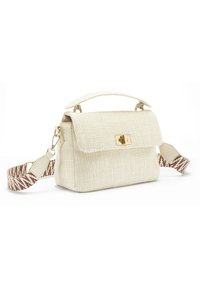 Cream textured handbag with gold clasp, top handle, and detachable brown and white patterned shoulder strap, on white background.