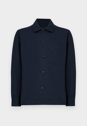 Long-sleeve navy blue button-up shirt with a classic collar and single chest pocket, displayed on a plain white background.