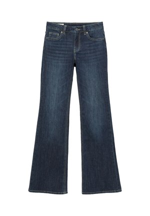 Jean en denim bleu foncé avec une taille haute et des jambes évasées, avec des poches avant et des coutures visibles.