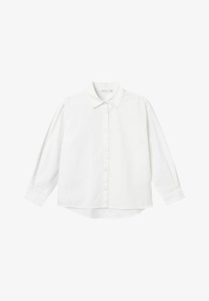 Camicia bianca a maniche lunghe con colletto, chiusura a bottoni e orlo arrotondato. Realizzata in un tessuto liscio con dettagli minimi.