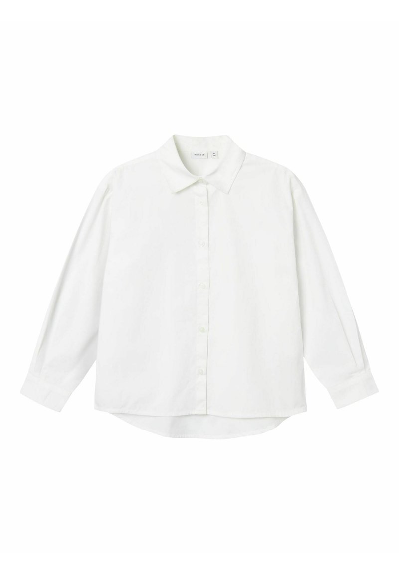 Camicia bianca a maniche lunghe con colletto, chiusura a bottoni e orlo arrotondato. Realizzata in un tessuto liscio con dettagli minimi.