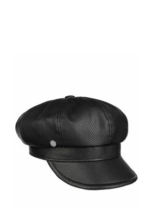 Black perforated leather newsboy cap with a short brim and small round metallic logo on the side.