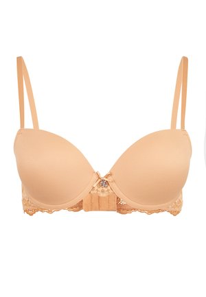 Beige gewatteerde beha met verstelbare schouderbanden, kantafwerking aan de randen en een decoratief middenstuk. Glad textuur met een naadloos ontwerp.