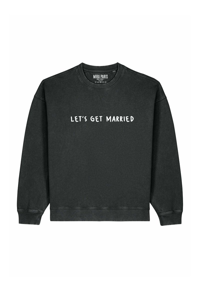 Felpa nera con scritta bianca "SPOSIAMOCI." Girocollo classico, polsini e orlo a costine. Tessuto soffice e strutturato.