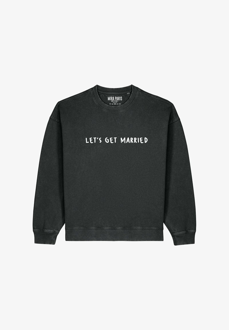 Felpa nera con scritta bianca "SPOSIAMOCI." Girocollo classico, polsini e orlo a costine. Tessuto soffice e strutturato.