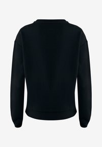 Schwarzes Sweatshirt mit rundem Halsausschnitt, langen Ärmeln und gerippten Bündchen. Glatte Textur und cropped Design. Keine sichtbaren Muster oder Verzierungen.
