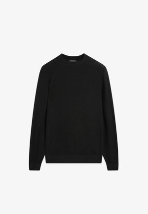Black sweater in a plain knit design with a round neck and raglan sleeves. Features a ribbed hem and cuffs for added texture.