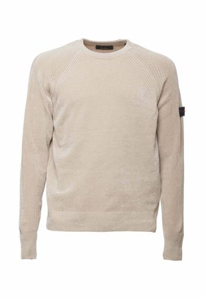 Maglione beige con scollo rotondo, dettagli a coste sulle spalle e polsini aderenti. Realizzato in morbido materiale a maglia, con una texture sottile.