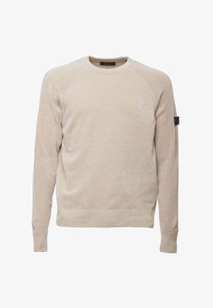 Beige trui met een ronde hals, geribbelde accenten langs de schouders en aansluitende manchetten. Gemaakt van zacht gebreid materiaal met een subtiele textuur.