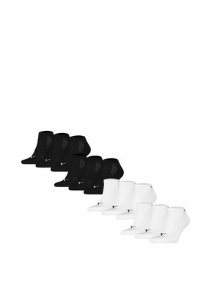 Ten pairs of low-cut socks, five black and five white, each with a small contrasting brand logo near the toe area.