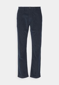 Pantaloni in velluto a coste blu navy con design a gamba dritta, dotati di chiusura con bottone e una sottile texture. Finitura in tessuto liscia e morbida.