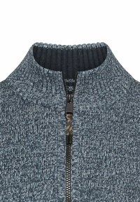 Gebreide trui met kwart ritssluiting in donkerblauw en grijs melange, met een hoge kraag, een gestructureerd patroon en een zwarte rits met een decoratieve trekker.