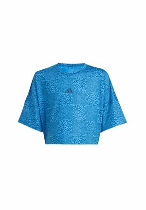 T-shirt corta blu con maniche corte, caratterizzata da un motivo a stampa leopardata e un piccolo logo sul petto. Realizzata in tessuto leggero.