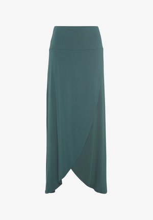Long, wrap-style skirt in teal, featuring a wide waistband, soft fabric, and an asymmetric hem that drapes elegantly.