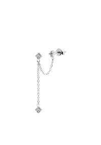 Pendiente de cadena de plata con dos acentos cuadrados, uno de ellos con un detalle similar a un diamante, conectados por una delicada cadena. Acabado suave y pulido.
