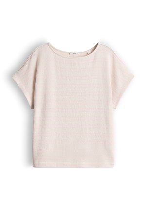 Hellbeiges Kurzarm-Oberteil mit rundem Ausschnitt, lockerem Schnitt und strukturierter Stoffqualität, flach auf weißem Hintergrund liegend dargestellt.