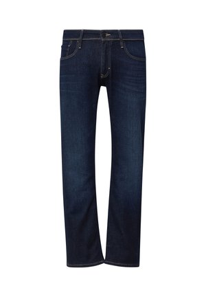 Dunkelblaue Jeans mit geradem Bein, vorderen Taschen, Gürtelschlaufen und Knopfverschluss.