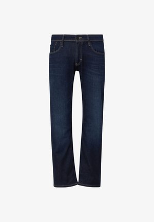 Donkerblauwe jeans met rechte pijpen, voorzakken, riemlussen en een knoopsluiting.