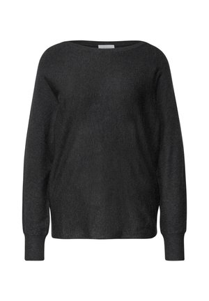 Musta neule, pehmeä rakenne, leveä pyöreä pääntie, pitkät hihat tiukoilla cuffsilla, rento malli, minimaalinen muotoilu, ei kuvioita tai yksityiskohtia.