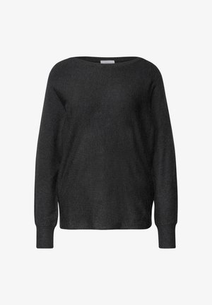 Schwarzer Pullover, weicher Stoff, weiter runder Halsausschnitt, lange Ärmel mit engen Bündchen, lockere Passform, minimales Design, keine Muster oder Akzente.