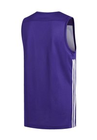 Maillot de sport sans manches violet avec trois bandes blanches courant le long de chaque côté et une doublure intérieure en maille.