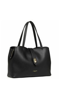 Borsa a mano in pelle nera con finitura strutturata, doppio manico, chiusura in tonalità oro e logo embossato sul davanti. Presenta una chiusura con zip superiore.