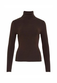 Maglione a collo alto marrone realizzato in materiale morbido e elasticizzato. Presenta maniche lunghe e una silhouette aderente, ideale per essere indossato a strati.