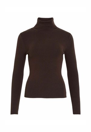 Brązowy sweter z golfem wykonany z miękkiego, elastycznego materiału. Posiada długie rękawy i dopasowany krój, idealny do warstwowego ubierania.