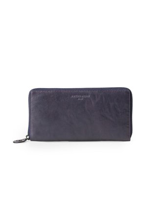 Navy leather wallet with a smooth texture, zip closure, and subtle branding on the front. Features a rounded zipper pull for easy access.