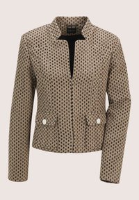 Beige blazer met een textuurpatroon, lange mouwen, twee voorkruiszakken met witte knopen en een staande kraag.