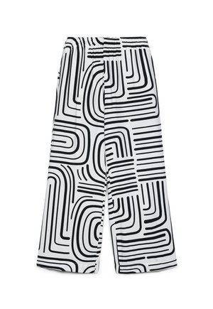 Weiße weit geschnittene Hosen mit schwarzen abstrakten labyrinthartigen Linienmustern und einem elastischen Bund.